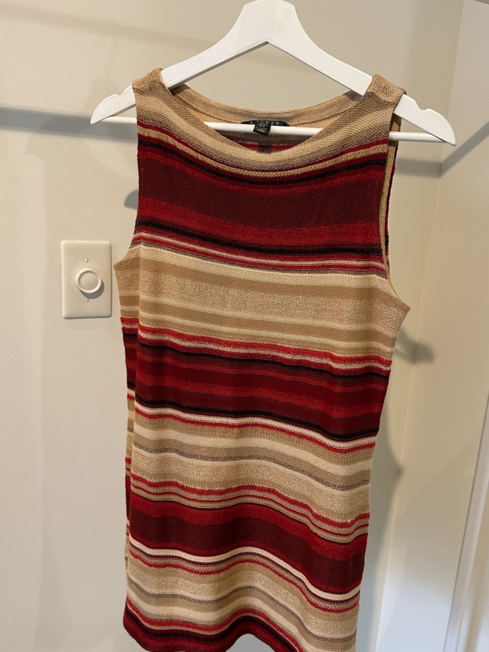 Lauren Ralph Sleeveless Striped Knit Tank Top Dress Vest Linen Cotton Red Beige